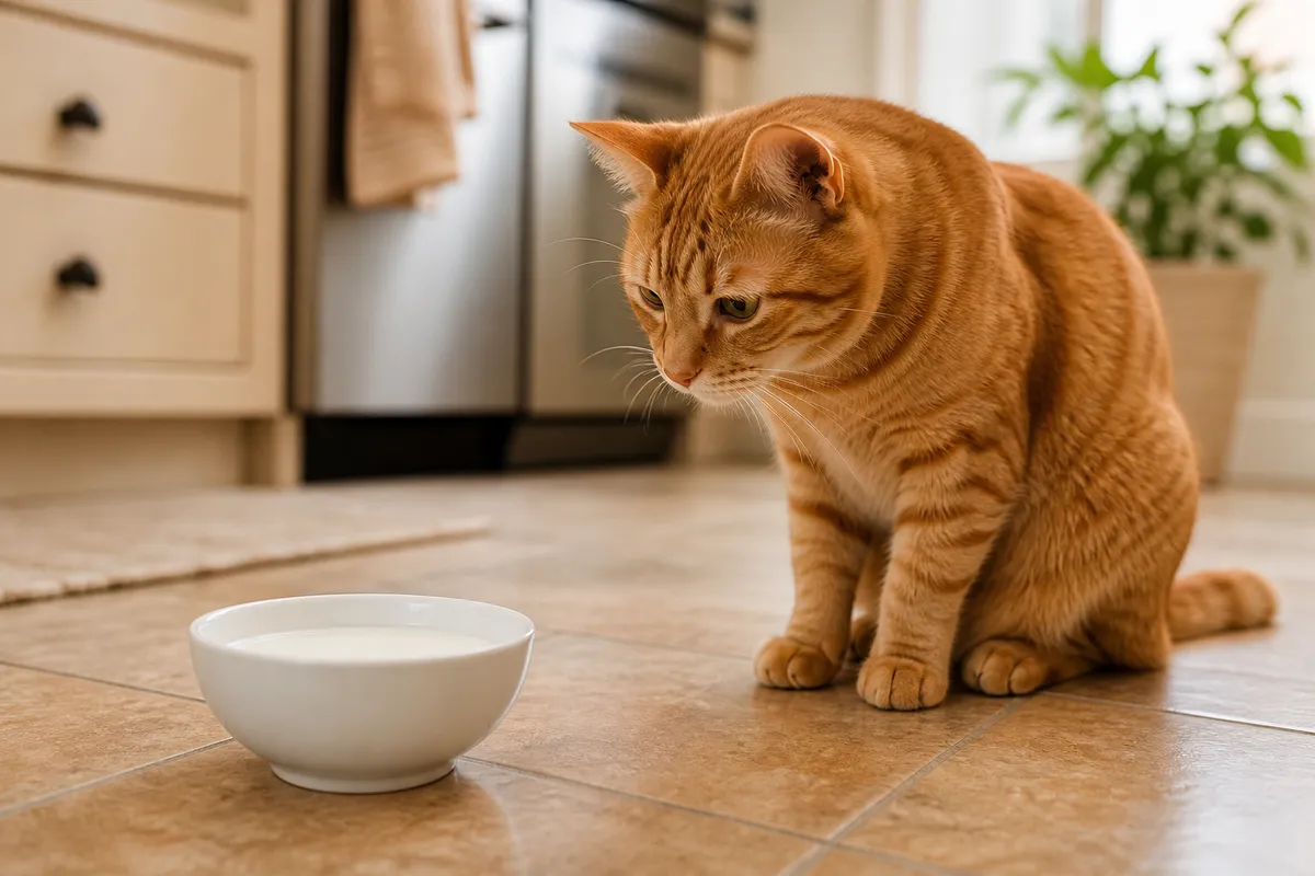 Bowl of milk near a cat