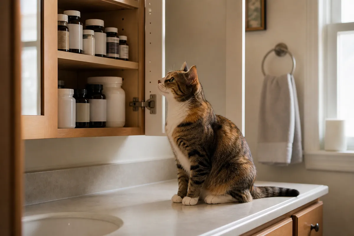 Human vitamins and supplements near a cat