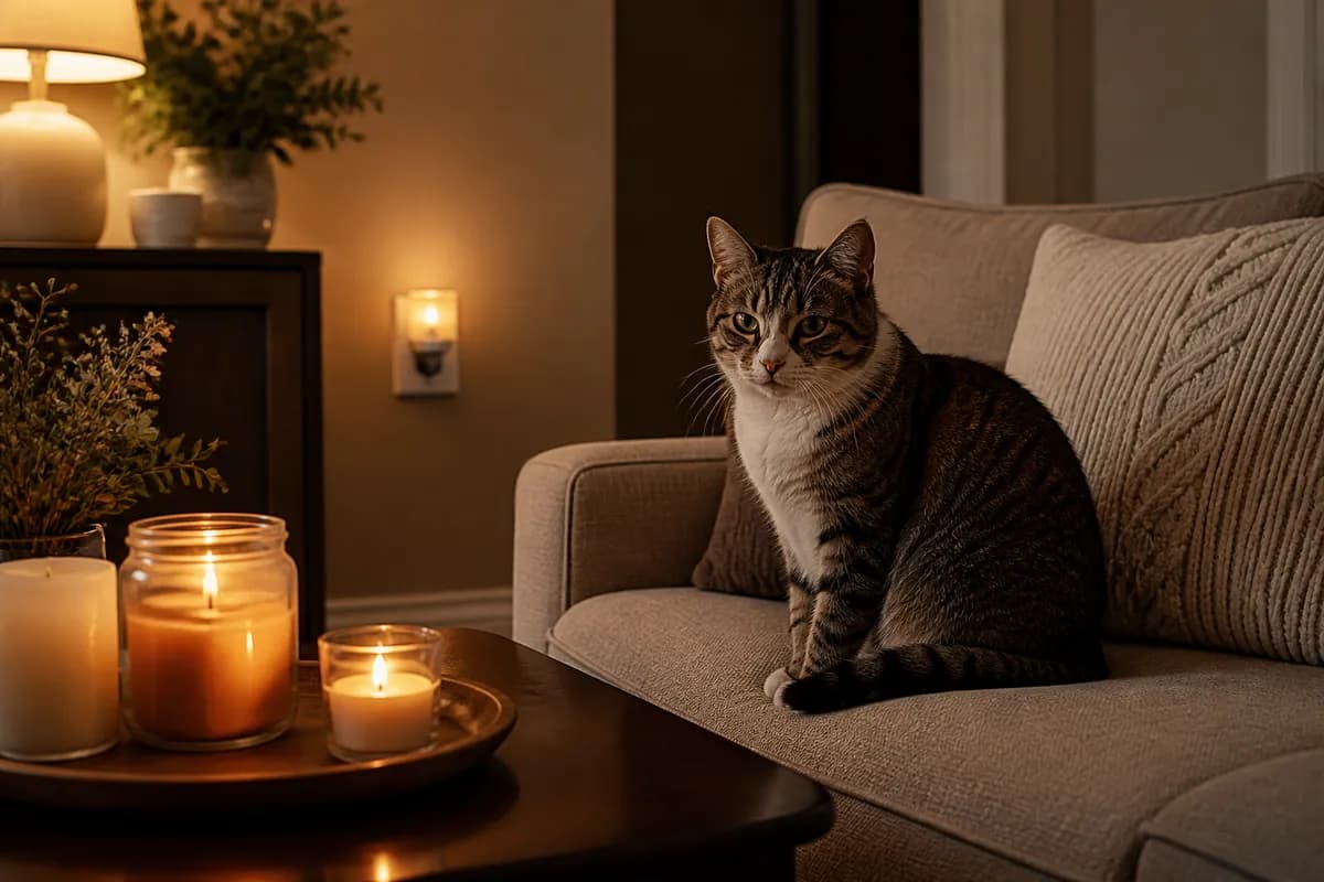 Air fresheners and candles in a home with a cat