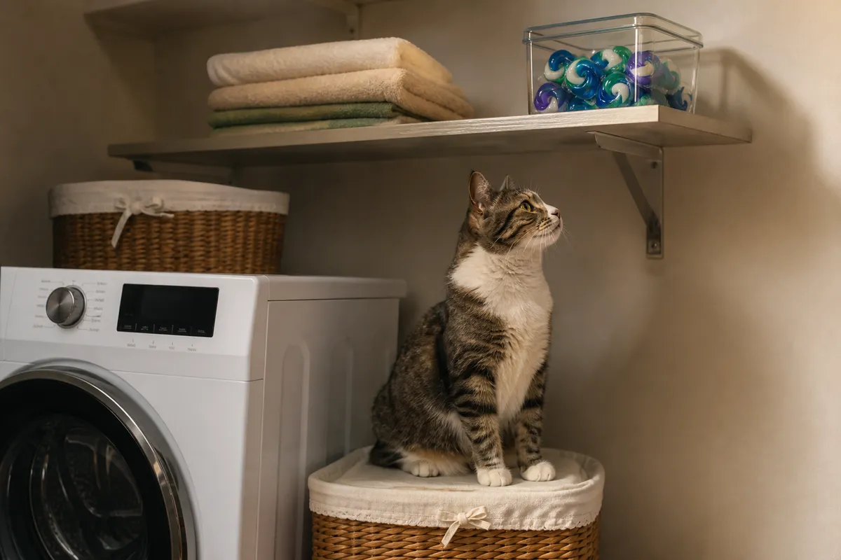 Laundry pods and detergent near a cat - household hazard