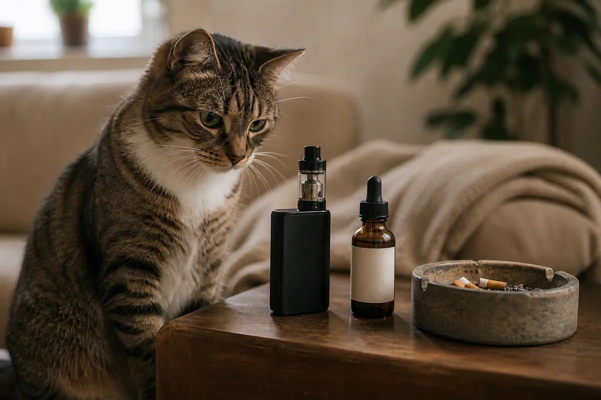 Vape device and cigarettes near a cat - nicotine hazard