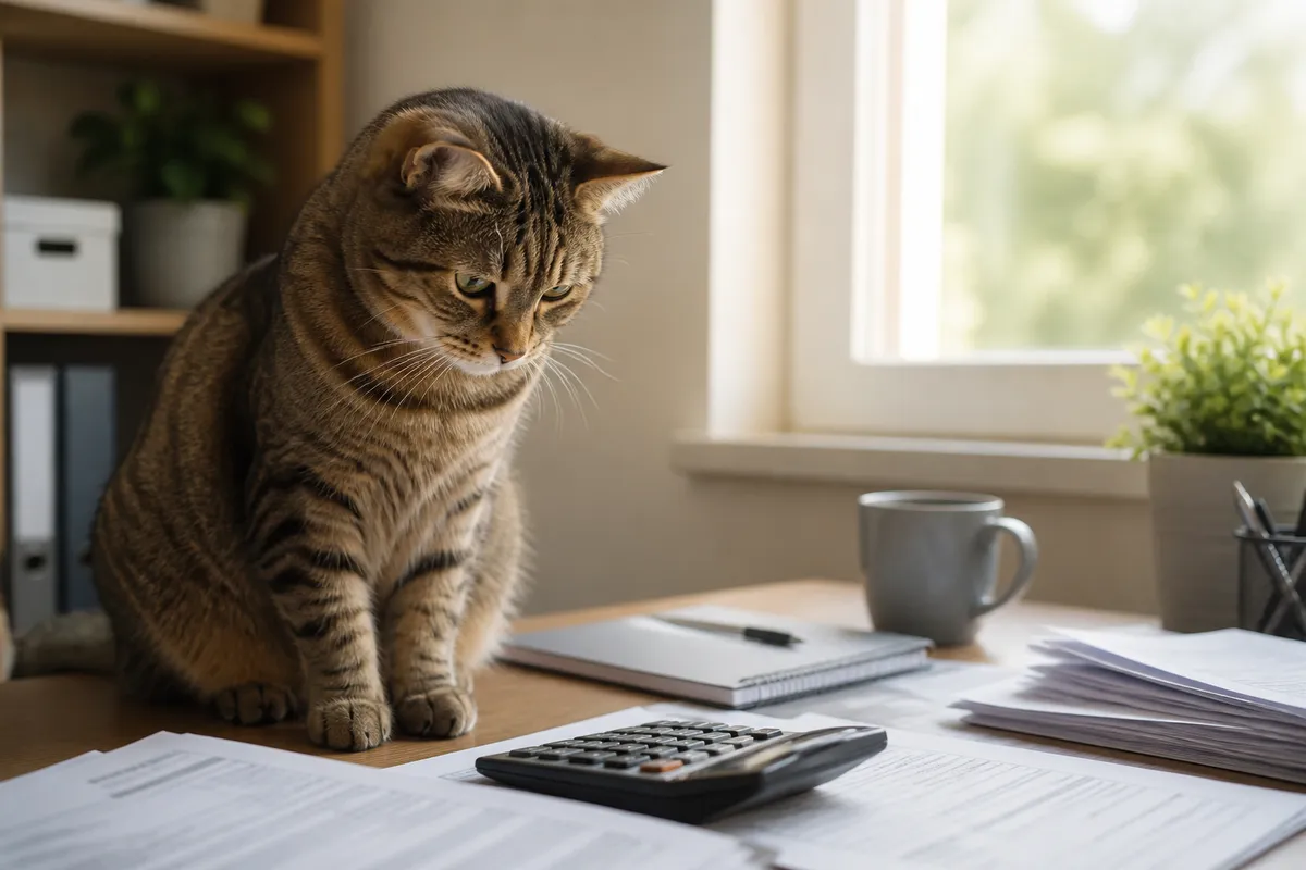 Cat owner reviewing pet insurance paperwork after a vet visit
