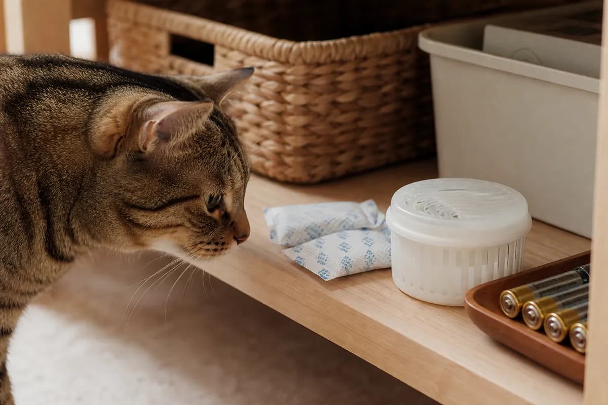 Small household items like batteries and silica gel near a cat