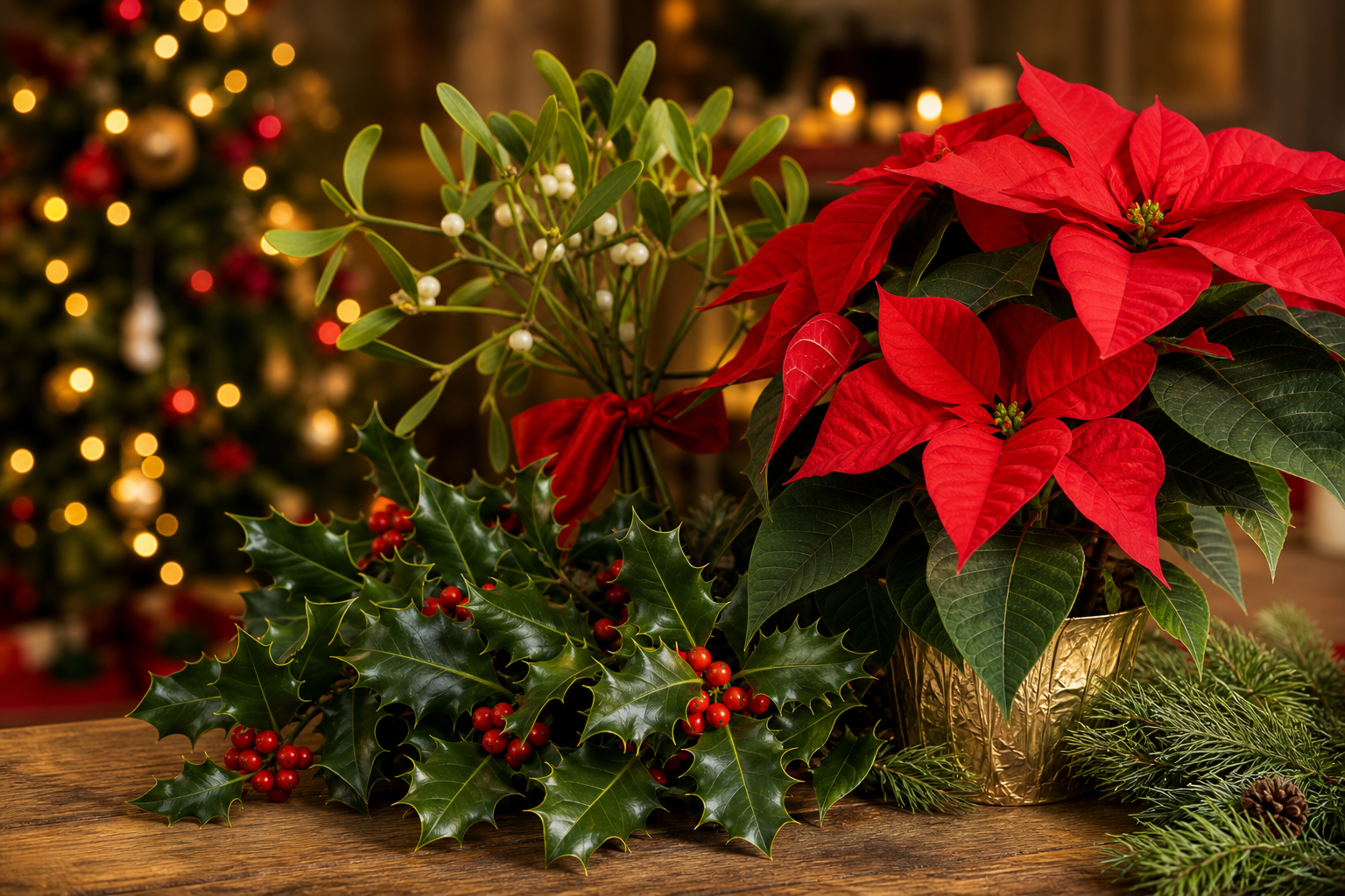 Christmas plants and decorations near a cat